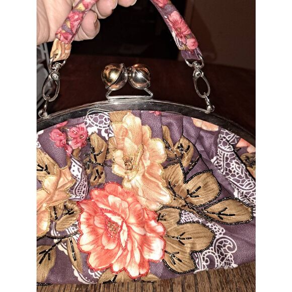 Vintage Floral Beaded Lace Embellished Handbag Purse Tote 10in - Picture 2 of 7
